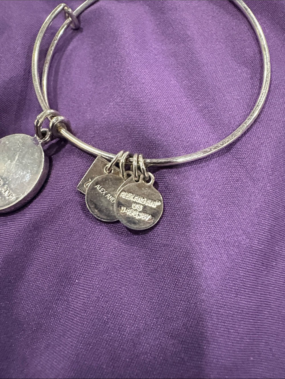 Silver Tone 'Celebrate Today' Round Charm Bangle Bracelet - Purple Accent - Picture 3 of 6